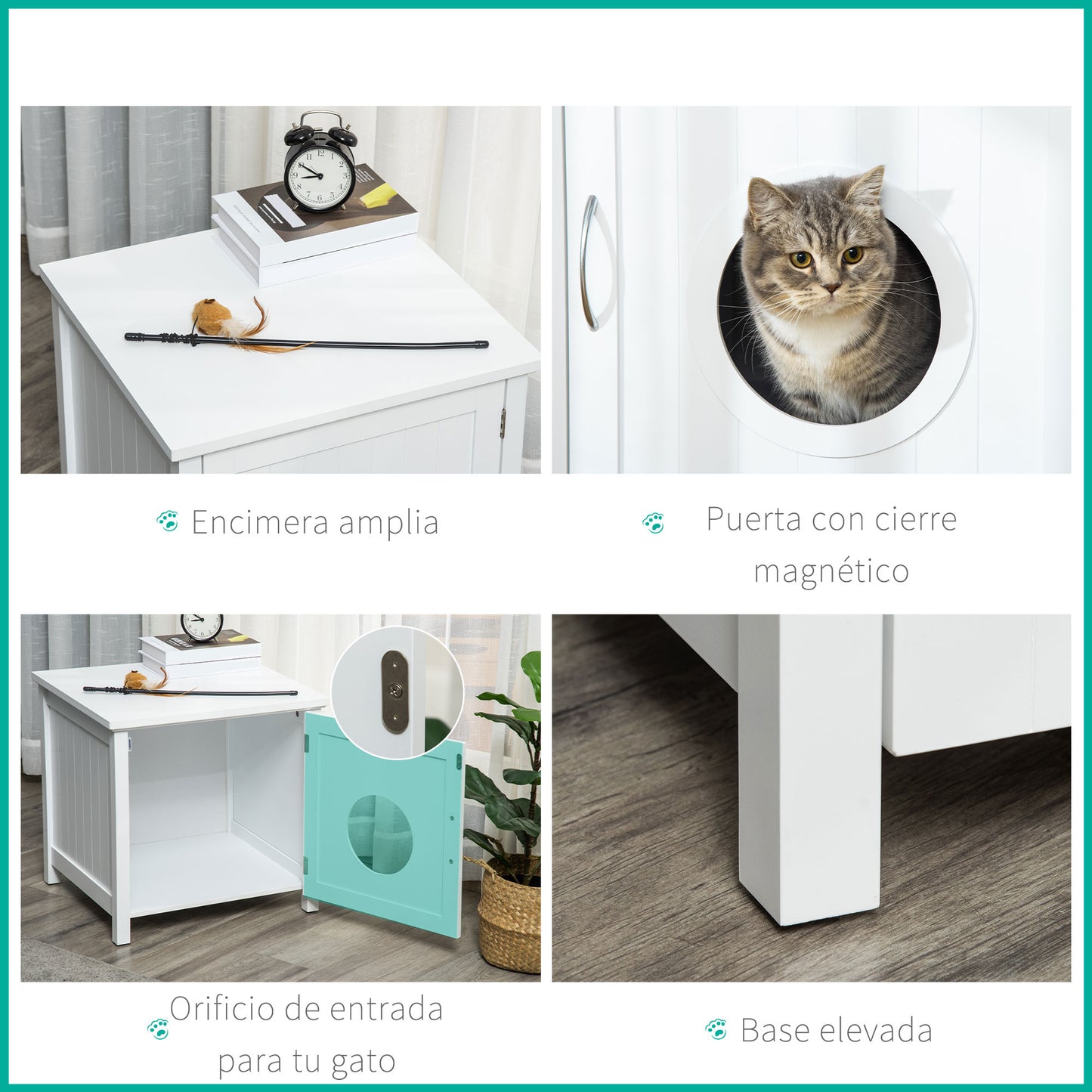 Pawhut Casa Para Gatos Madera Armario Almacenaje Orificio 51,5x48,2x51cm Blanco_5