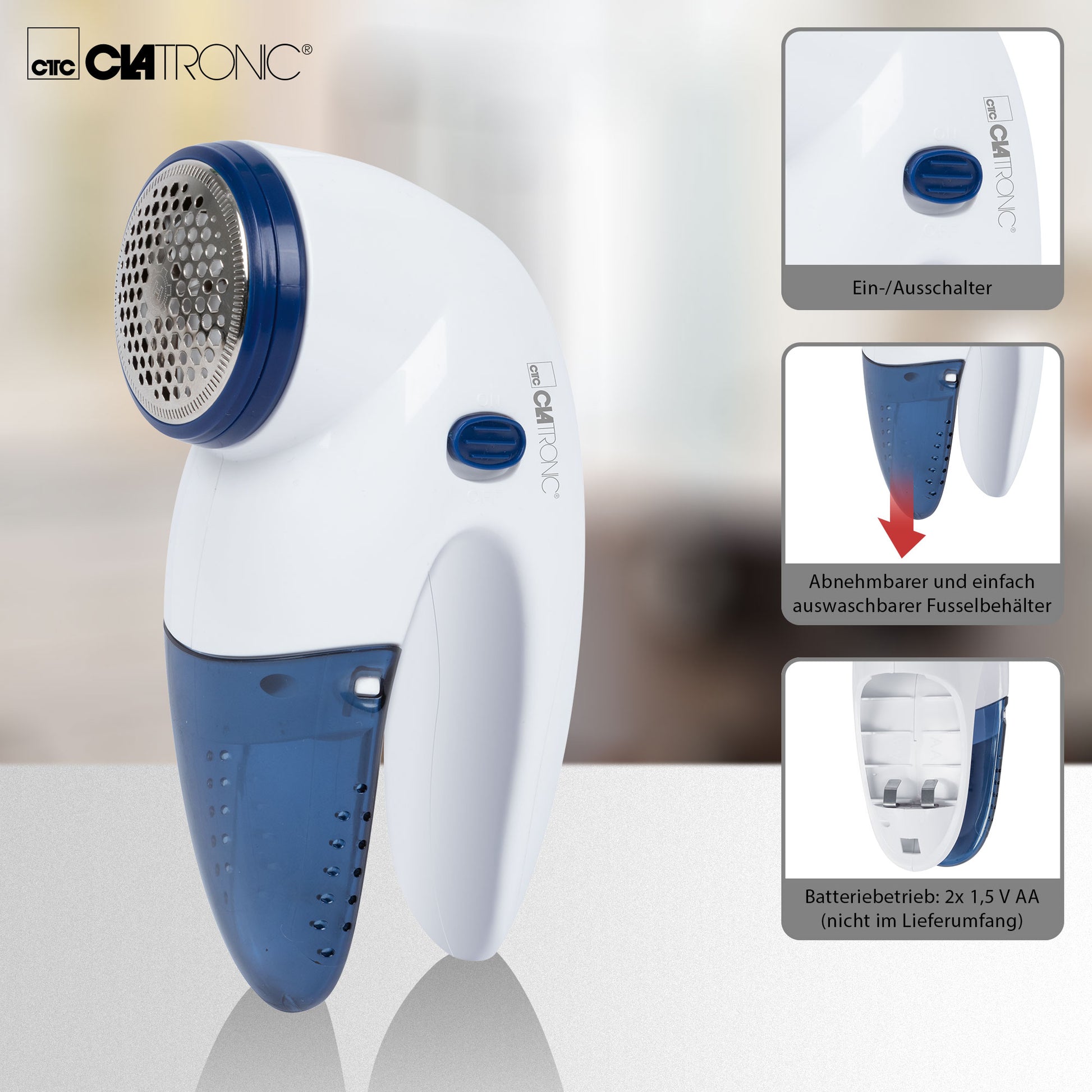 Quitapelusas Eléctrico, Elimina Pelotillas Ropa, Cuchillas Acero Inoxidable, Depósito Extraíble Clatronic Cla-tc3759 Blanco/azul