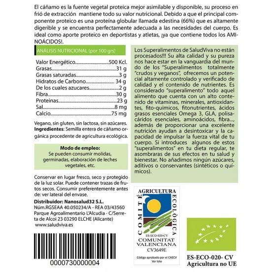 Semillas de cáñamo enteras ECO 250 g, Salud Viva