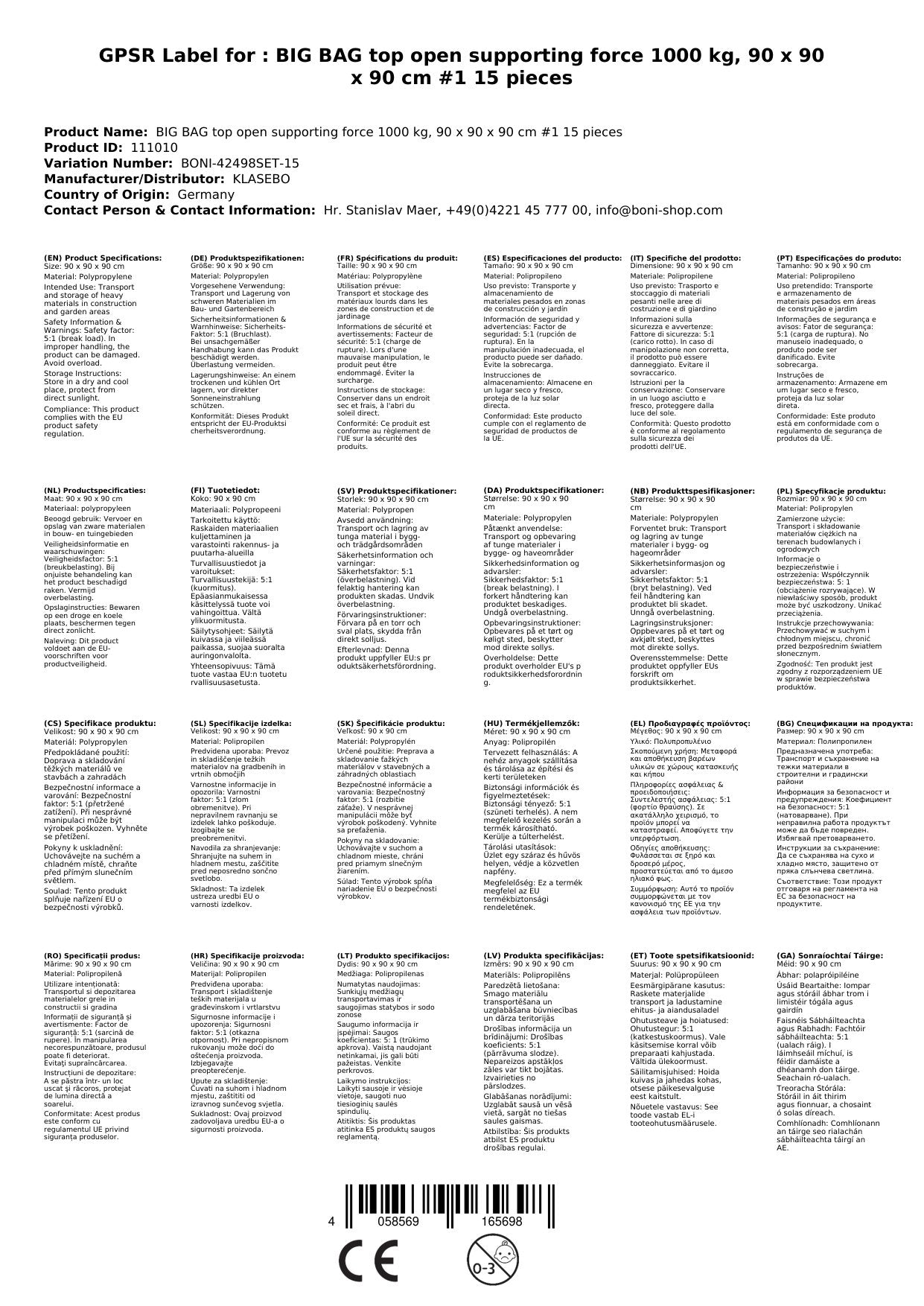 Big Bag Oben Offen Tragkraft 1000 Kg, 90 X 90 X 90 Cm #1 15 Stück_1