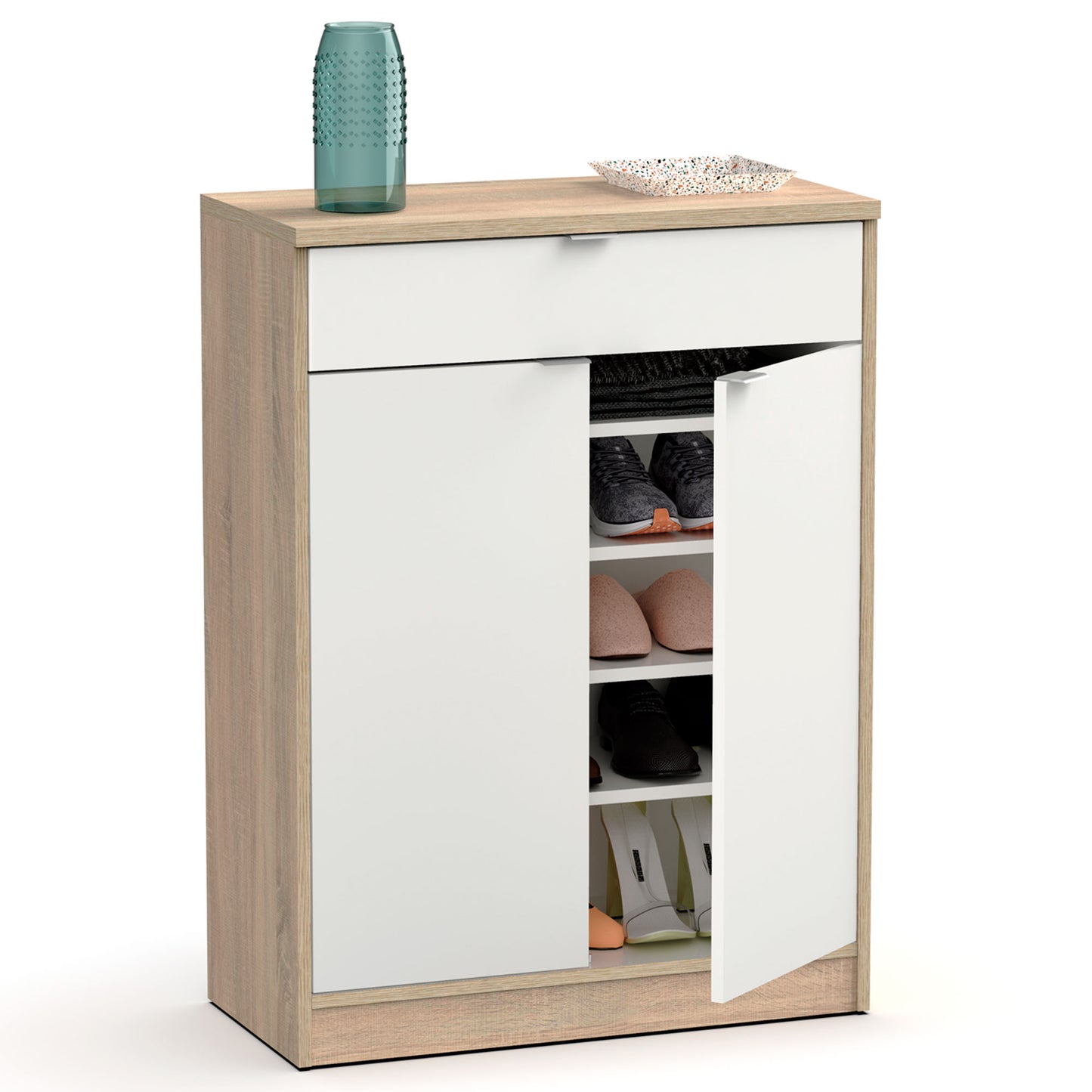 Zapatero Entrada Recibidor, Mueble Auxiliar Estrecho Zapatos, 2 Puertas, 1 Cajón 101x75x36 Cm, Briebe, Domus, Blanco