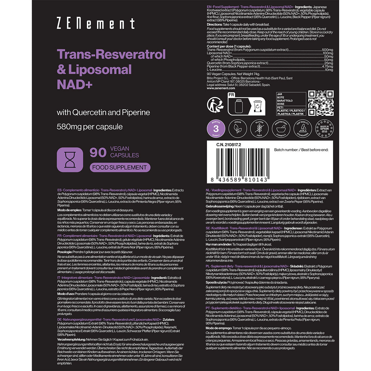 Trans-Resveratrol y NAD+ Liposomal Zenement 90 Cápsulas