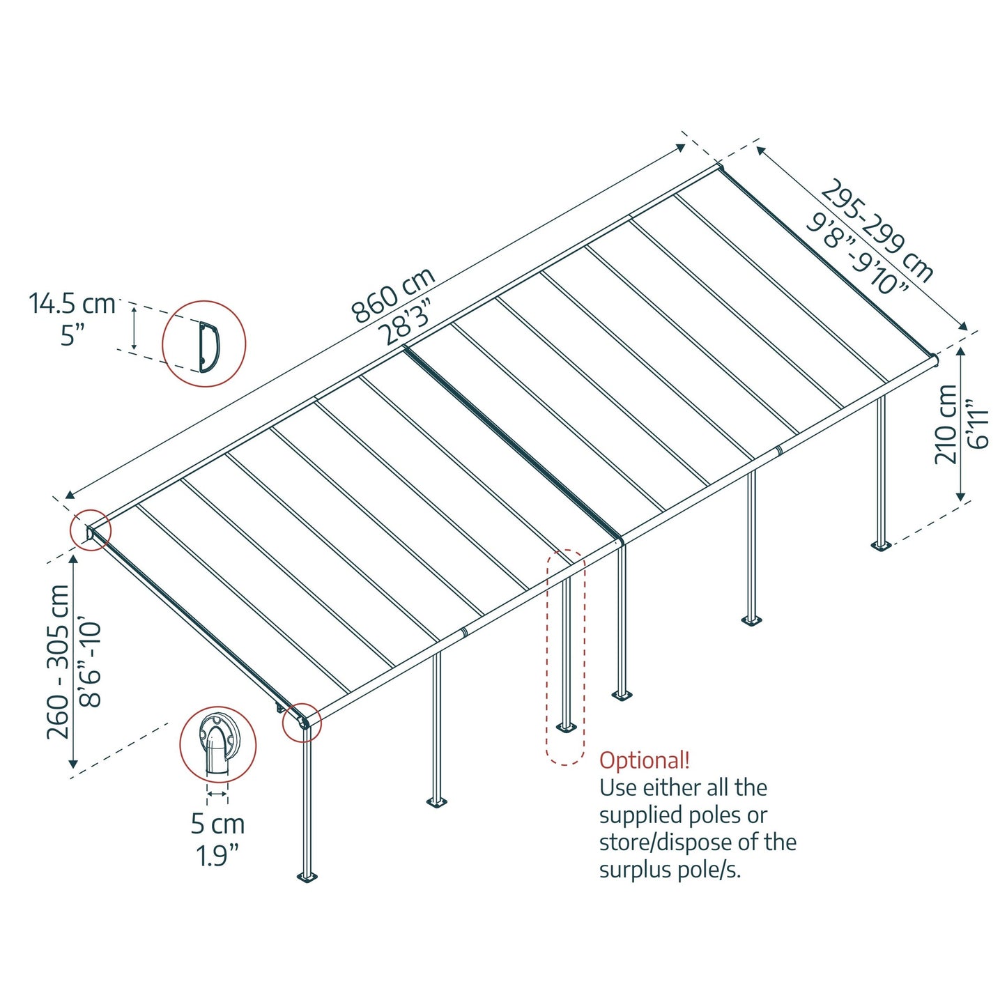 Pérgola adosada Sierra 299x860 m gris