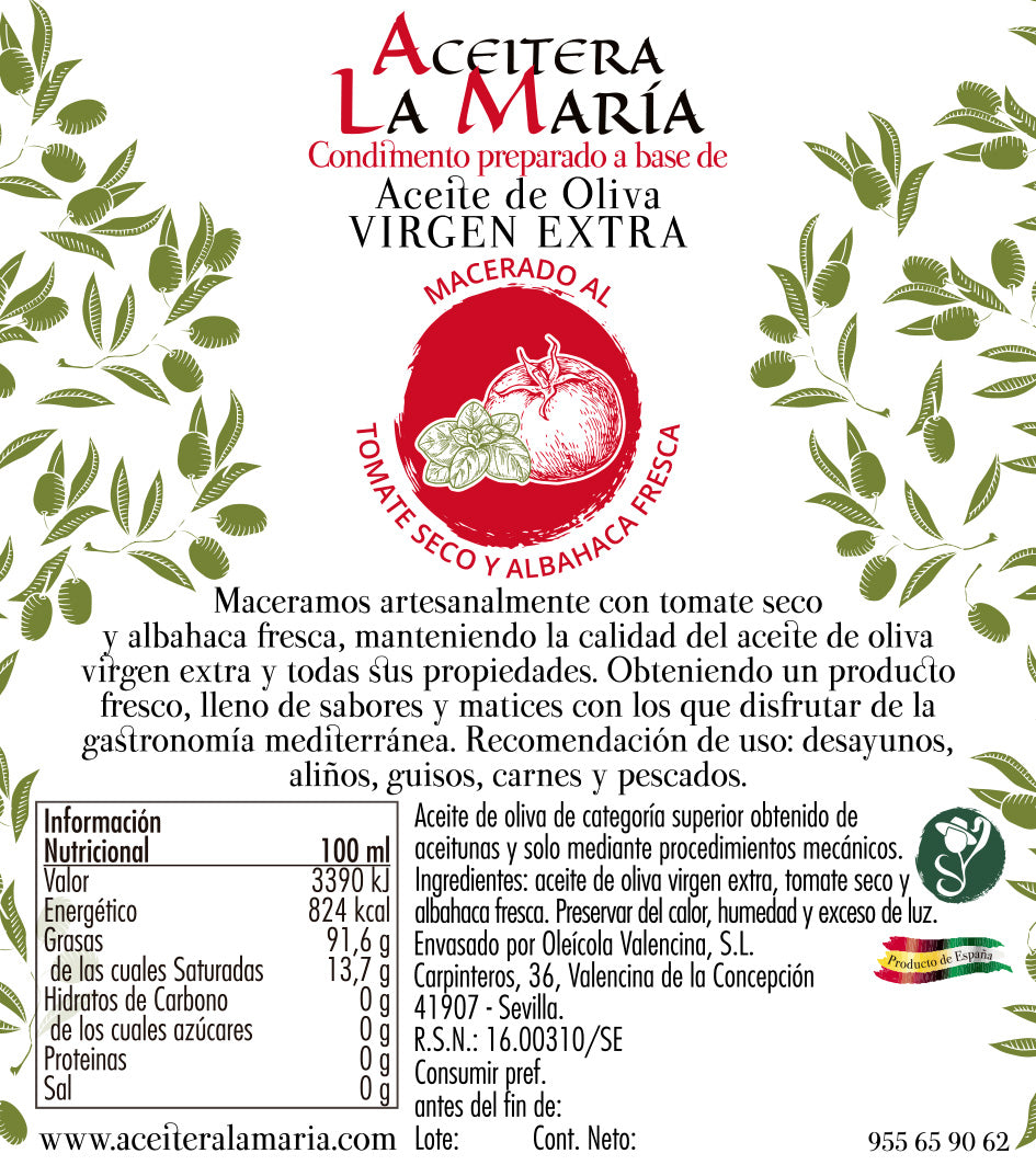 Aceite De Oliva Virgen Extra Macerado Al Tomate Seco Y Albahaca 50 Cl Pet