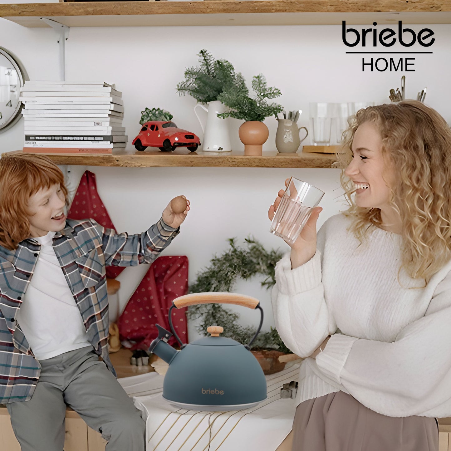 Tetera Con Silbato, Hervidor De Agua 2,5l, Inducción, Acero Inox, Vintage, Mango Madera, Briebe, Nordic, Gris