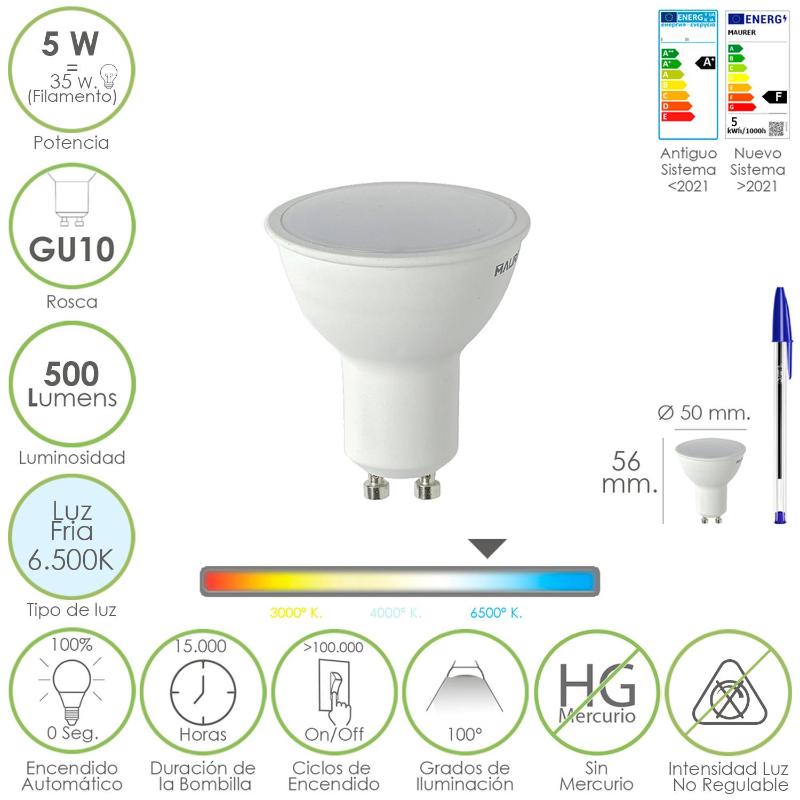 Bombilla Led Dicroica Rosca Gu10. 5 Watt. Equivale A 30 Watt. 500 Lumenes. Luz Fria (6500º K.)_0