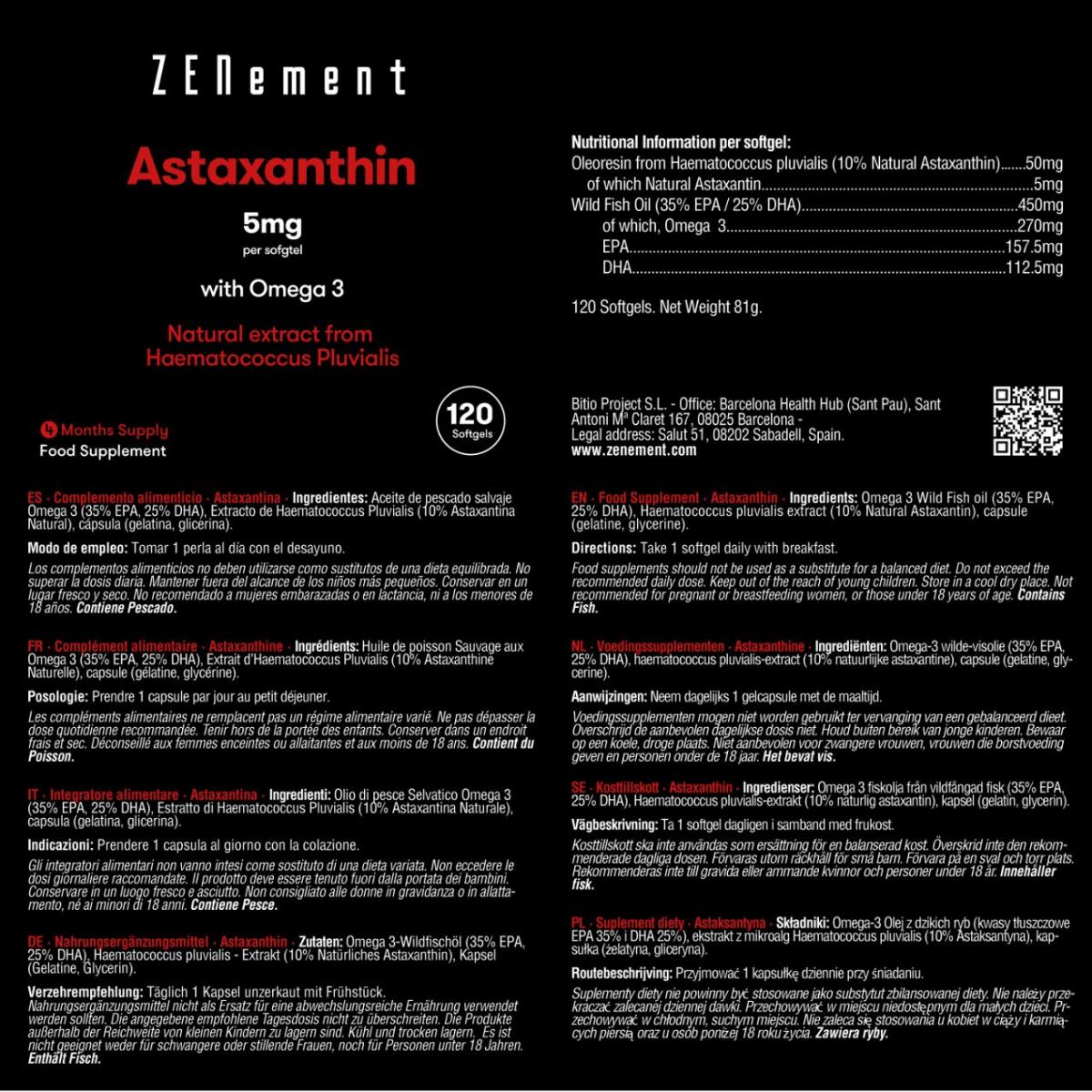 Astaxantina, 5 mg con Omega 3 Zenement, 120 comprimidos Astaxantina 5 mg con Omega 3