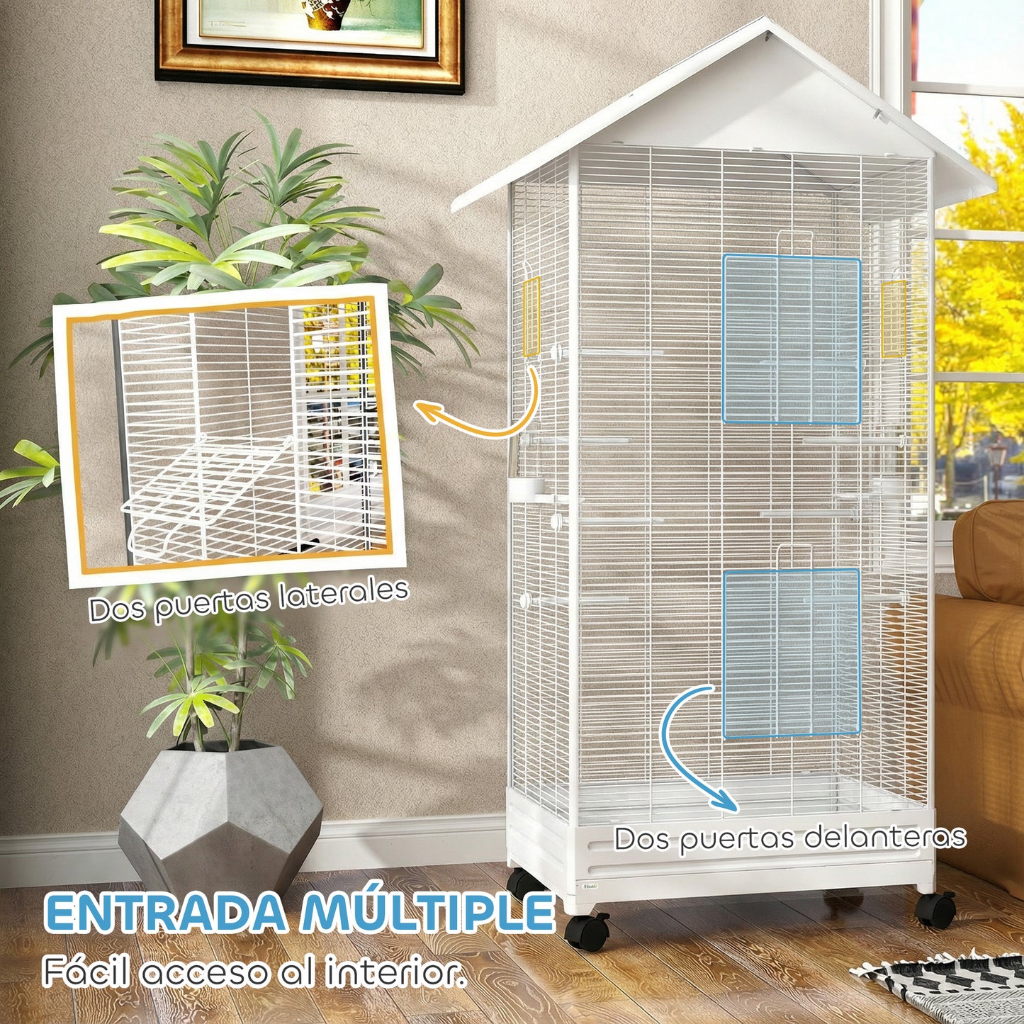 Pawhut Jaula Para Pájaros Con Ruedas 79x65x155 Cm 2 Comederos 8 Perchas Blanco_5