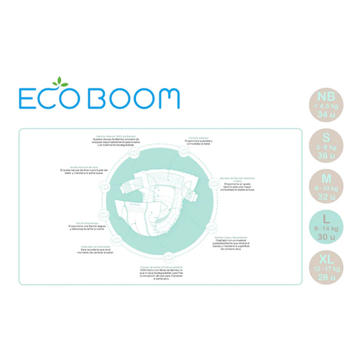 Pañal de Bambú Pure Premium ECO BOOM T4/L (9 a 14 Kg) 30 uds