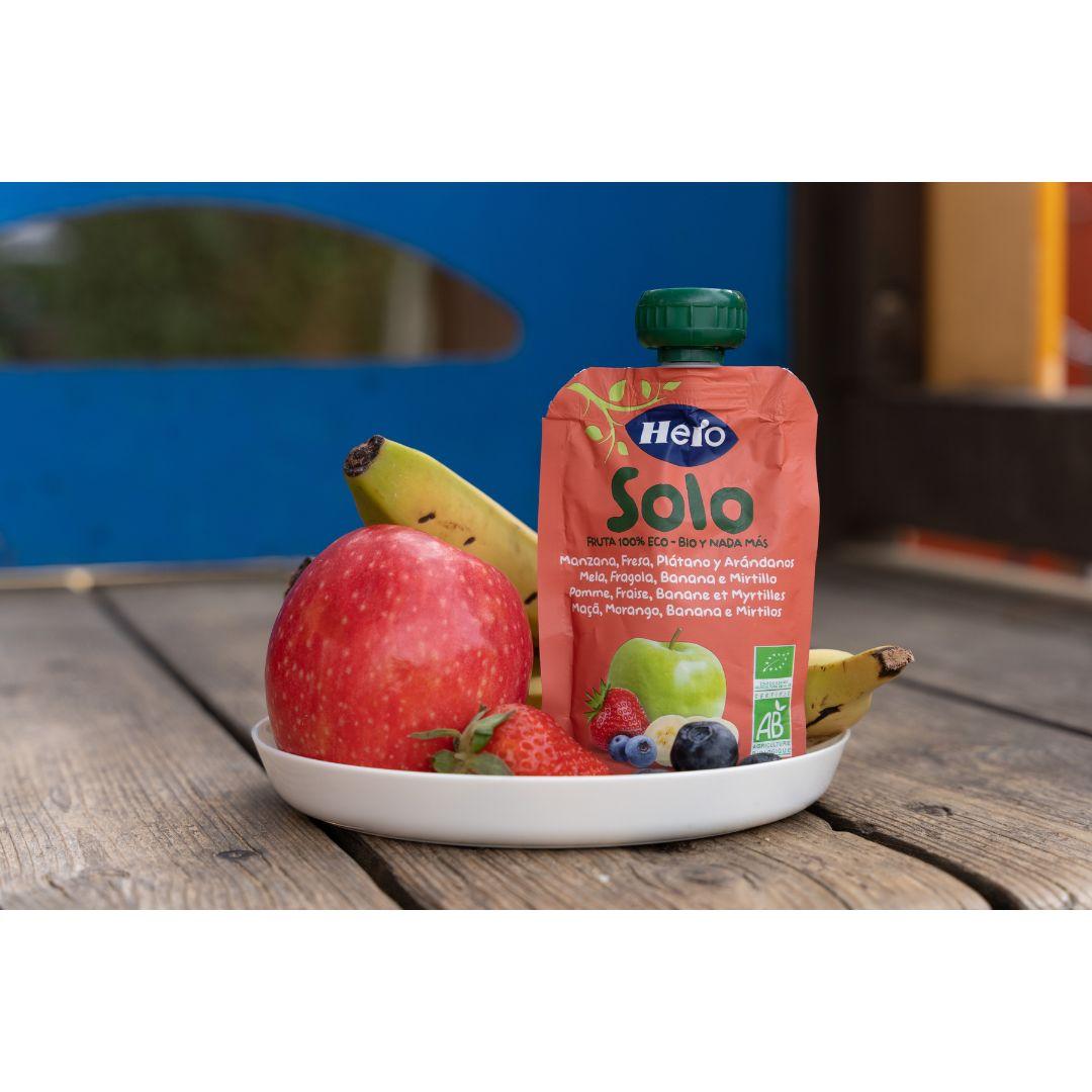 Bolsita fruta 100% Eco sabor manzana, fresa, plátano y arándanos 100 g. Hero Solo