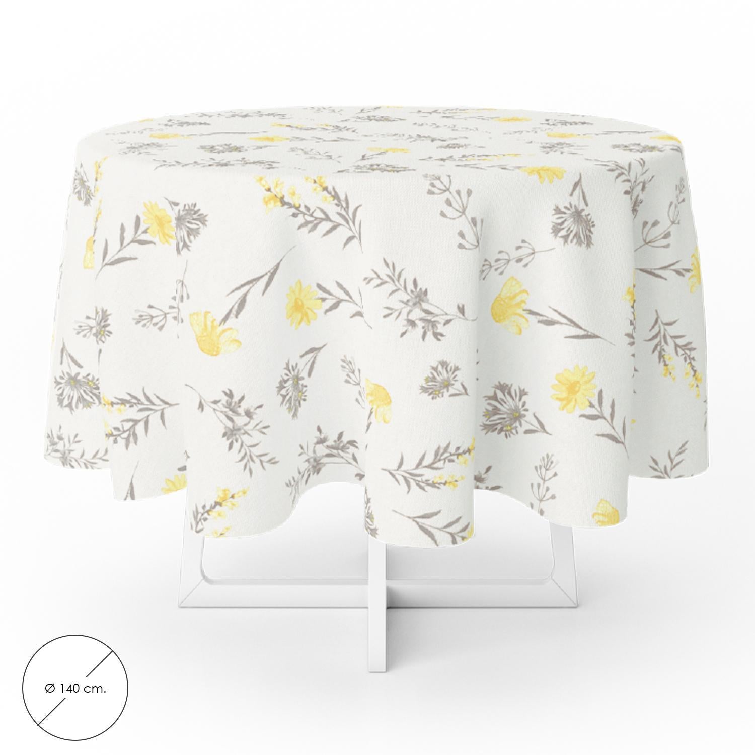 Mantel Hule Redondo Flores Amarillas Impermeable Antimanchas Pvc Ø140 Cm. Uso Interior Y Exterior