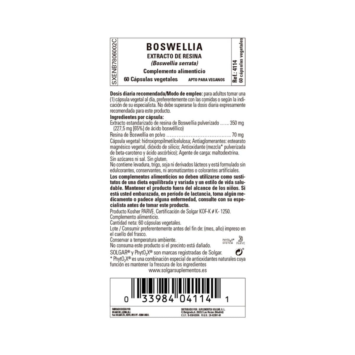 Boswellia extracto de Resina Solgar 60 cápsulas
