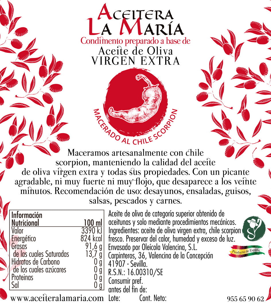 Aceite De Oliva Virgen Extra Macerado Al Chile Scorpion 50 Cl Con Vertedor Metálico