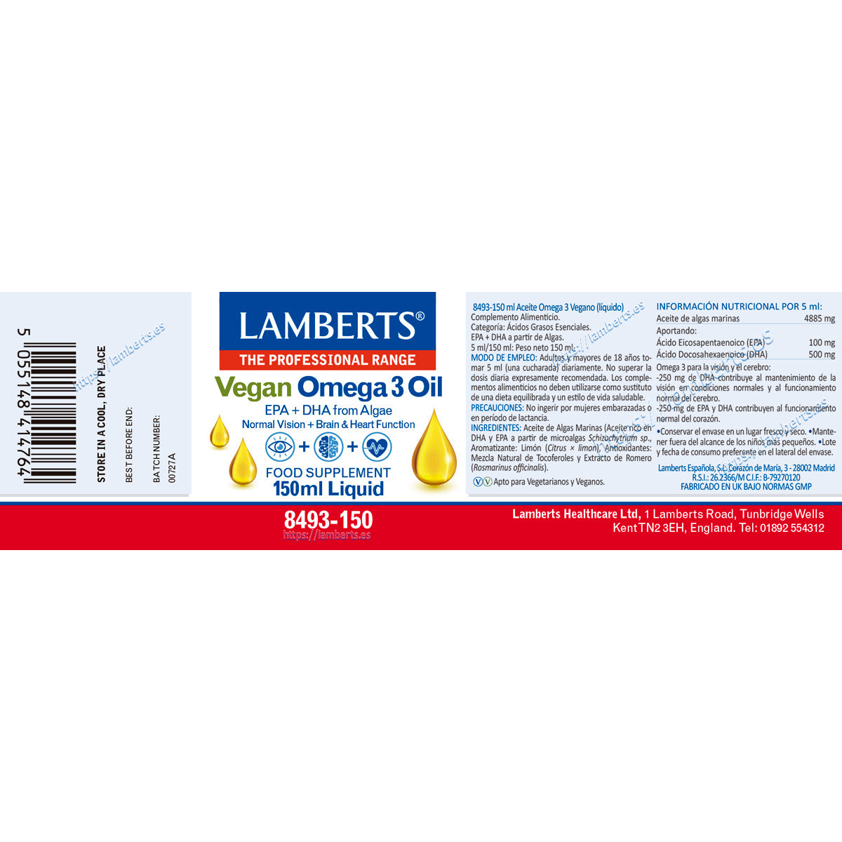 Omega 3 Vegano líquido, Lamberts, 150 ml