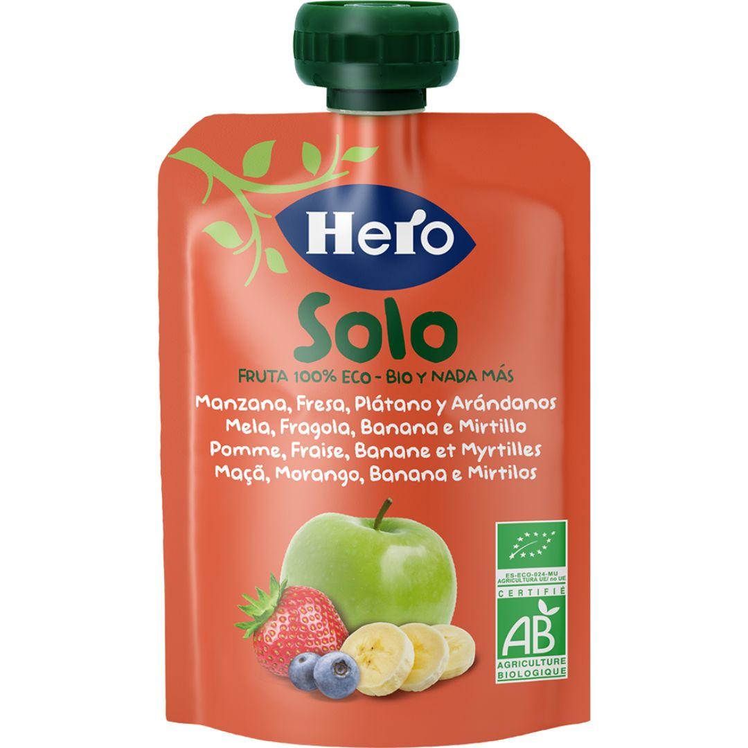 Bolsita fruta 100% Eco sabor manzana, fresa, plátano y arándanos 100 g. Hero Solo