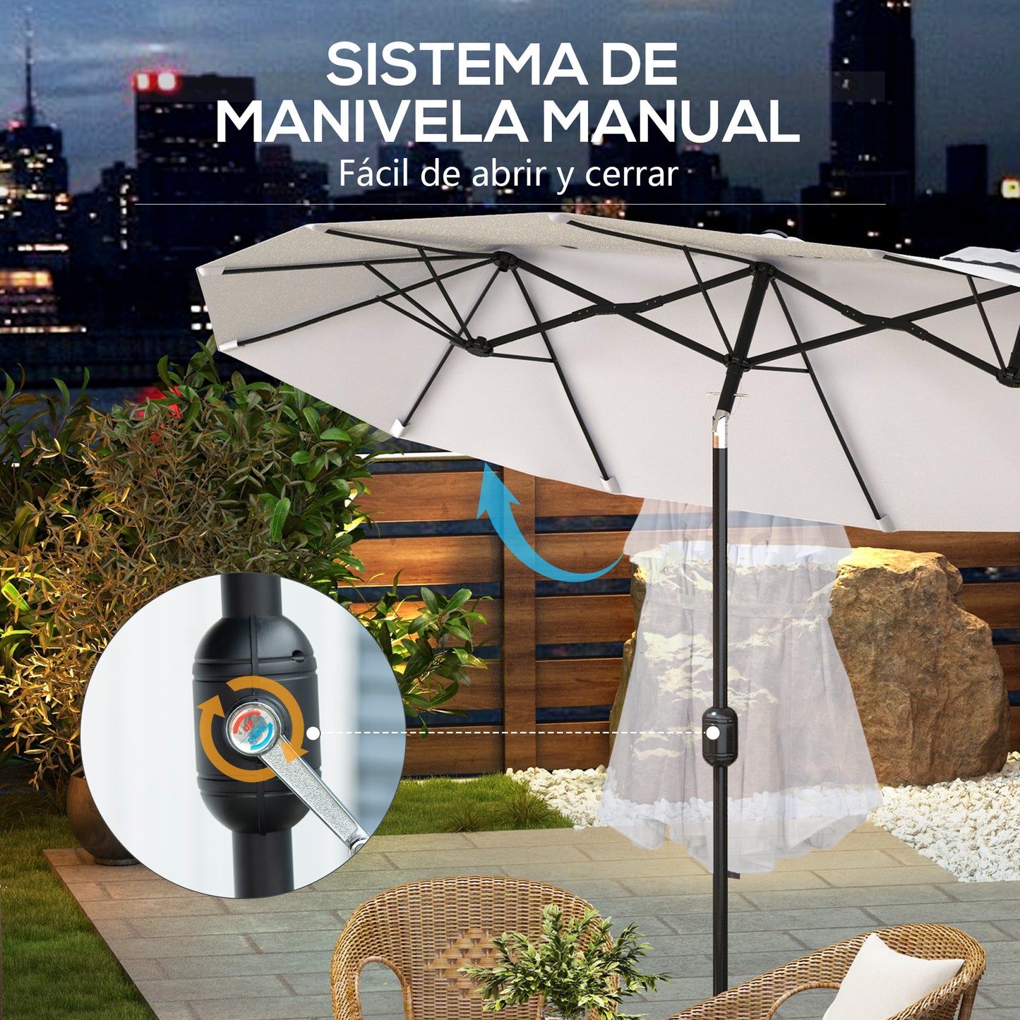 Outsunny Sombrilla Doble 295x152x222 Cm Con Inclinación De 45° Manivela Crema_5