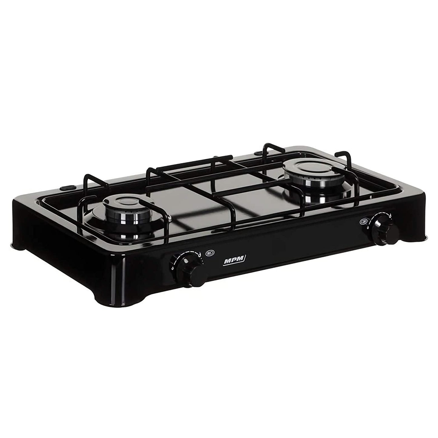 Cocina Gas Portátil Camping, 2 Quemadores, Rejilla Esmaltada, Tapa Protectora, Normativa G30-37 Mbar Mpm Kn-02/1kb Negro
