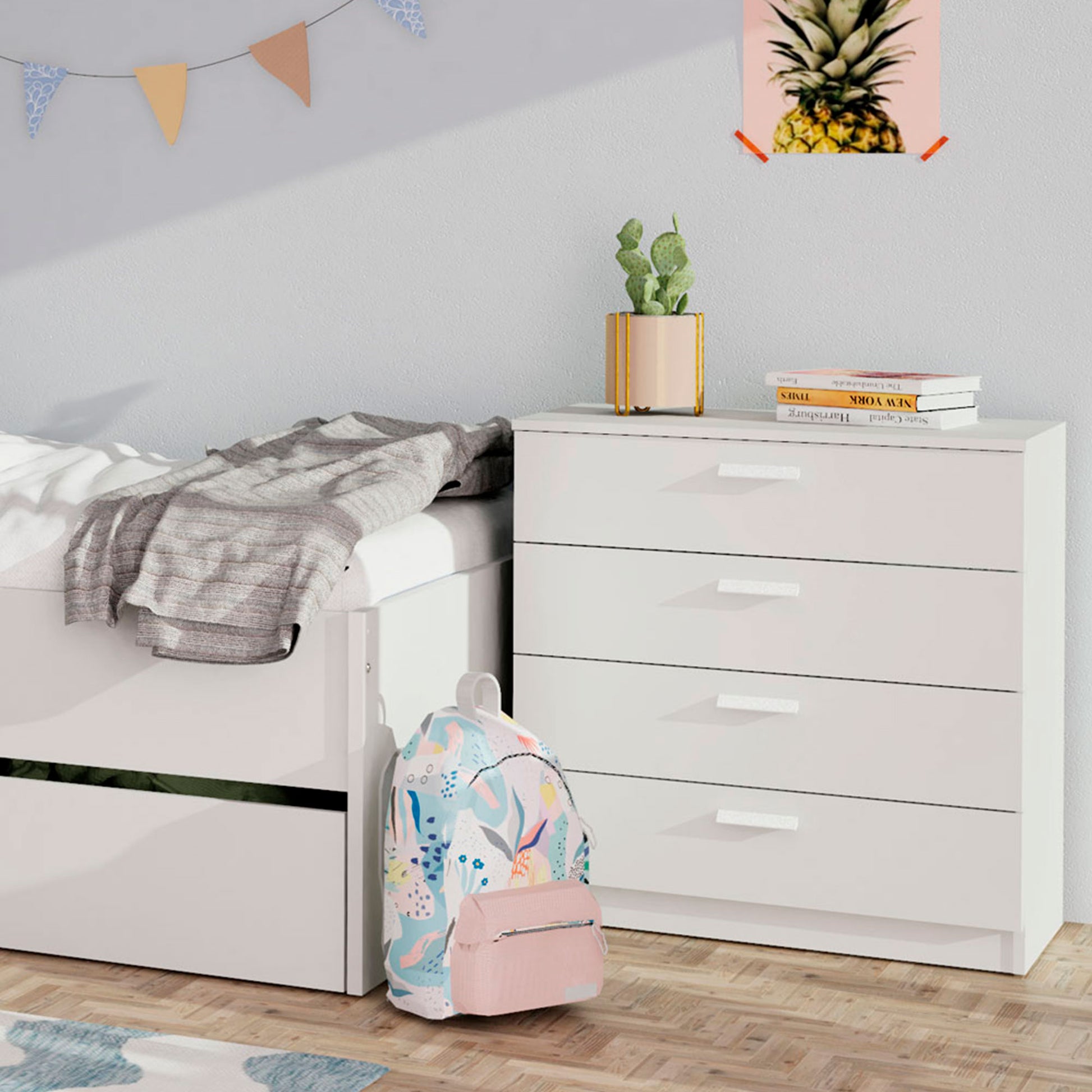 Cómoda Dormitorio, Cajonera 4 Cajones, Sinfonier 78x74x40 Cm (alto X Ancho X Profundo), Briebe, Nova, Blanco