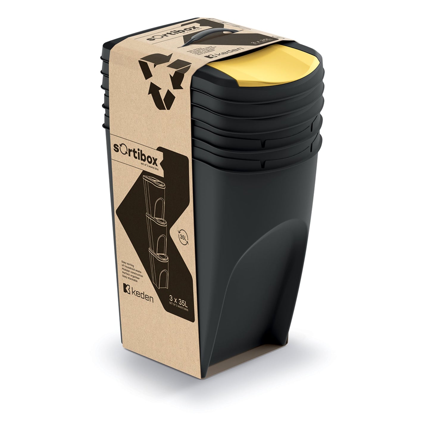 Set De 3 Cubos De Basura Keden Sortibox 100% Plástico Reciclado, Negro, Volumen 3x35l_1