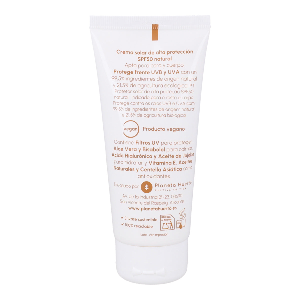 Crema de protección solar 100% mineral SPF50 Planeta Huerto 100 ml