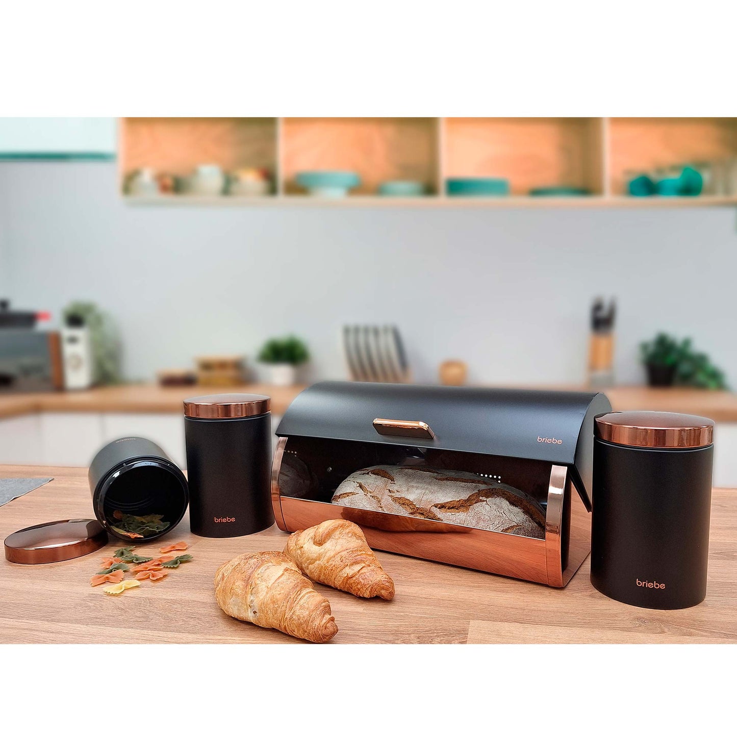 Panera De Mesa +juego 3 Botes Cocina Almacenaje Acero Inoxidable Contenedor De Pan Con Tapa, Briebe, Bb1161, Negro Mate/oro Rosa