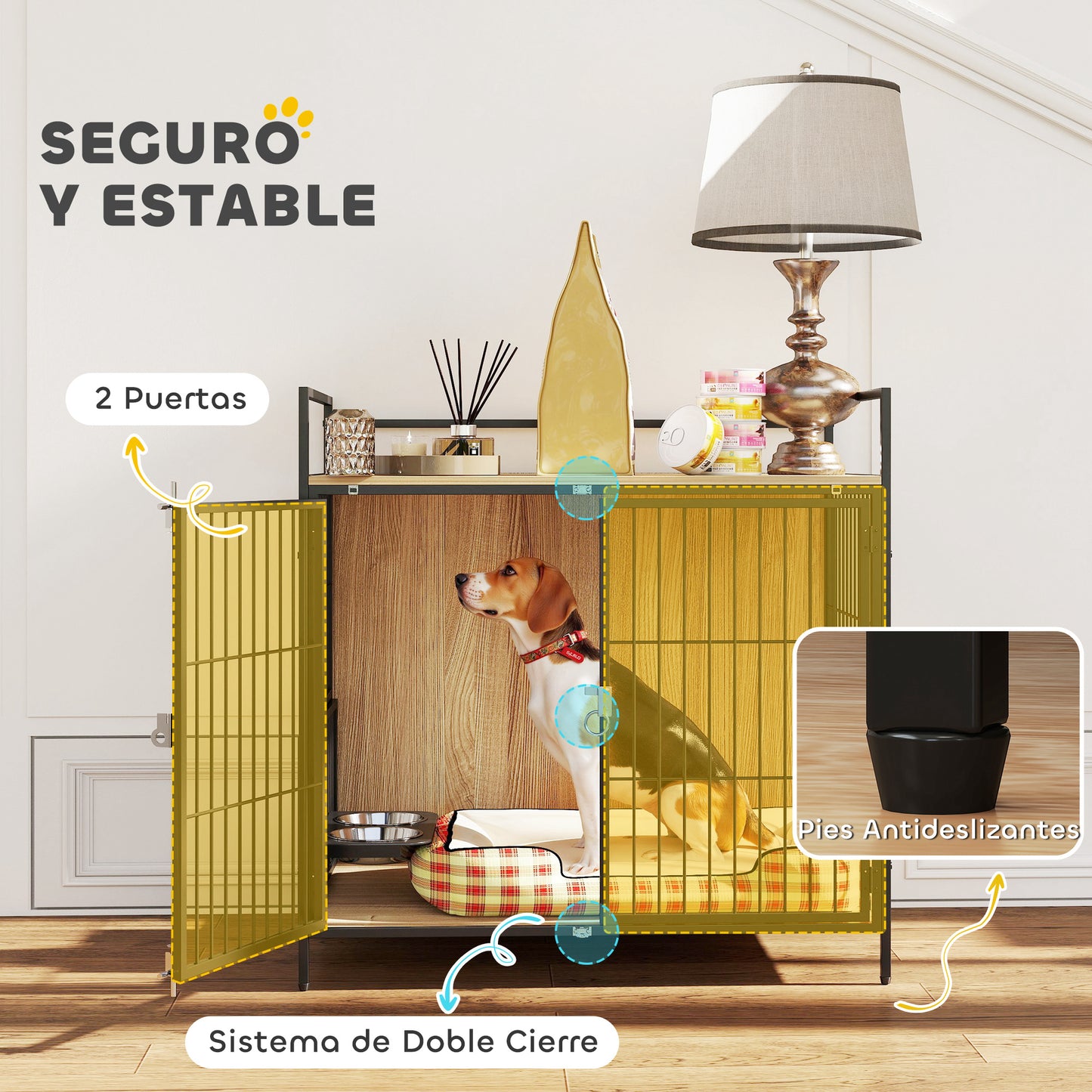 Pawhut Jaula Para Perros Mesa Auxiliar Con Soporte Giratorio Con 2 Tazones Roble_5