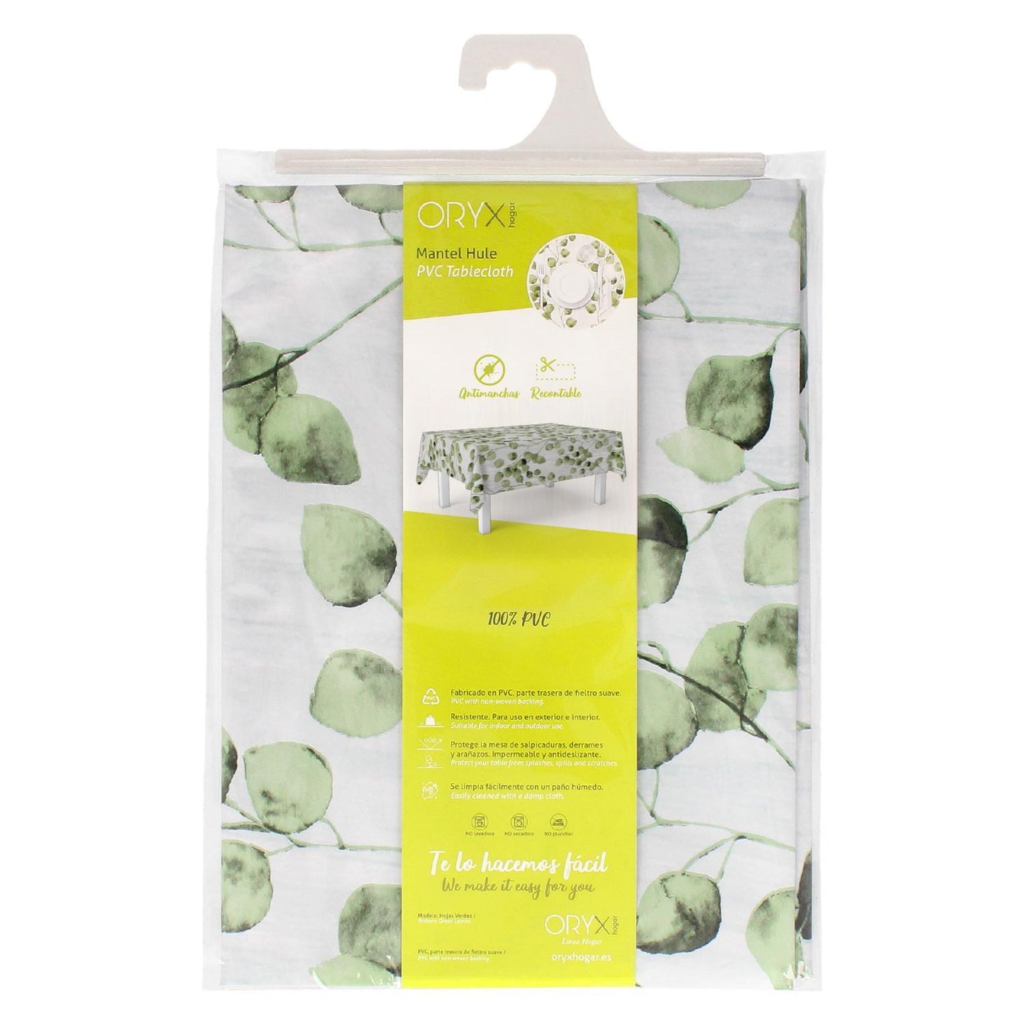 Mantel Hule Rectangular Hojas Verdes Impermeable Antimanchas Pvc 140x250 Cm. Recortable Uso Interior Y Exterior