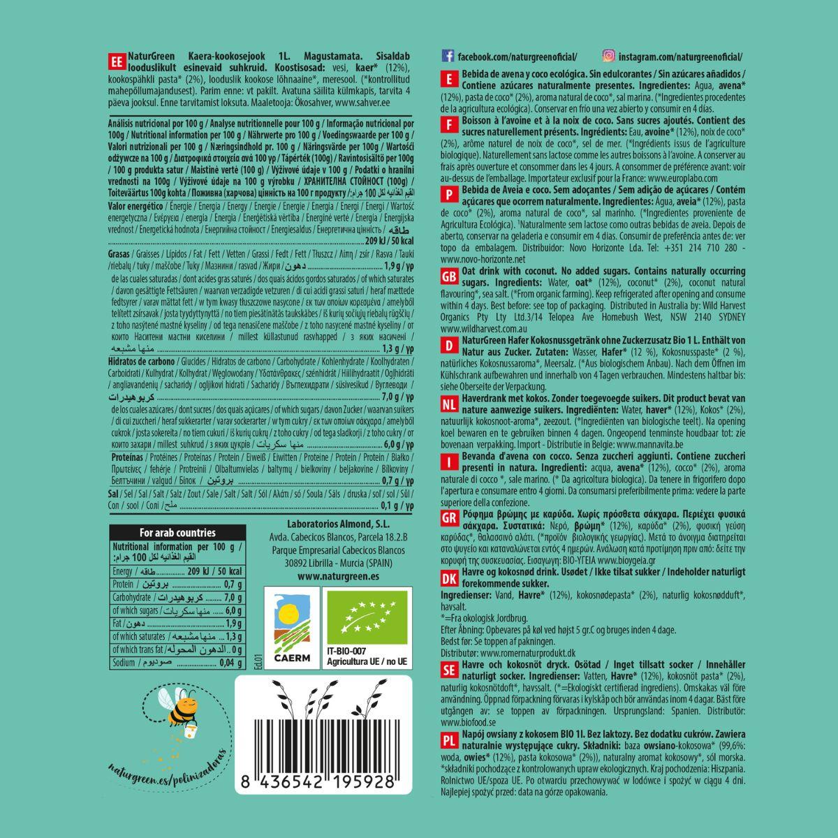 Bebida de Avena y Coco NaturGreen 1 L