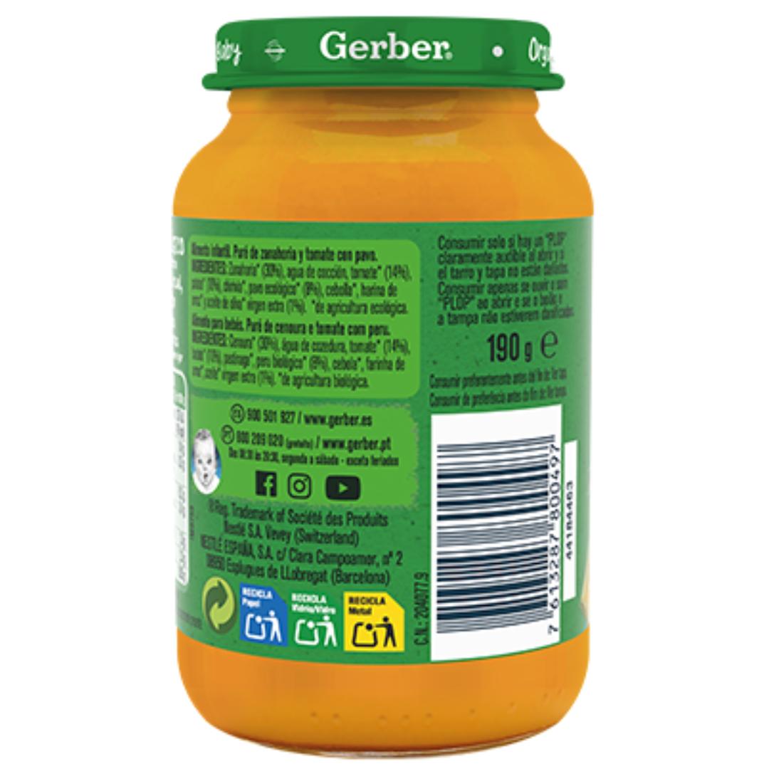 Tarrito de puré ecológico para bebés con Zanahoria, Tomate y Pavo Gerber 190 g