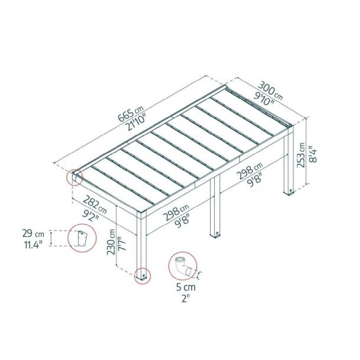 Pérgola adosada de madera de cedro Helsinki 300x665 cm Canopia