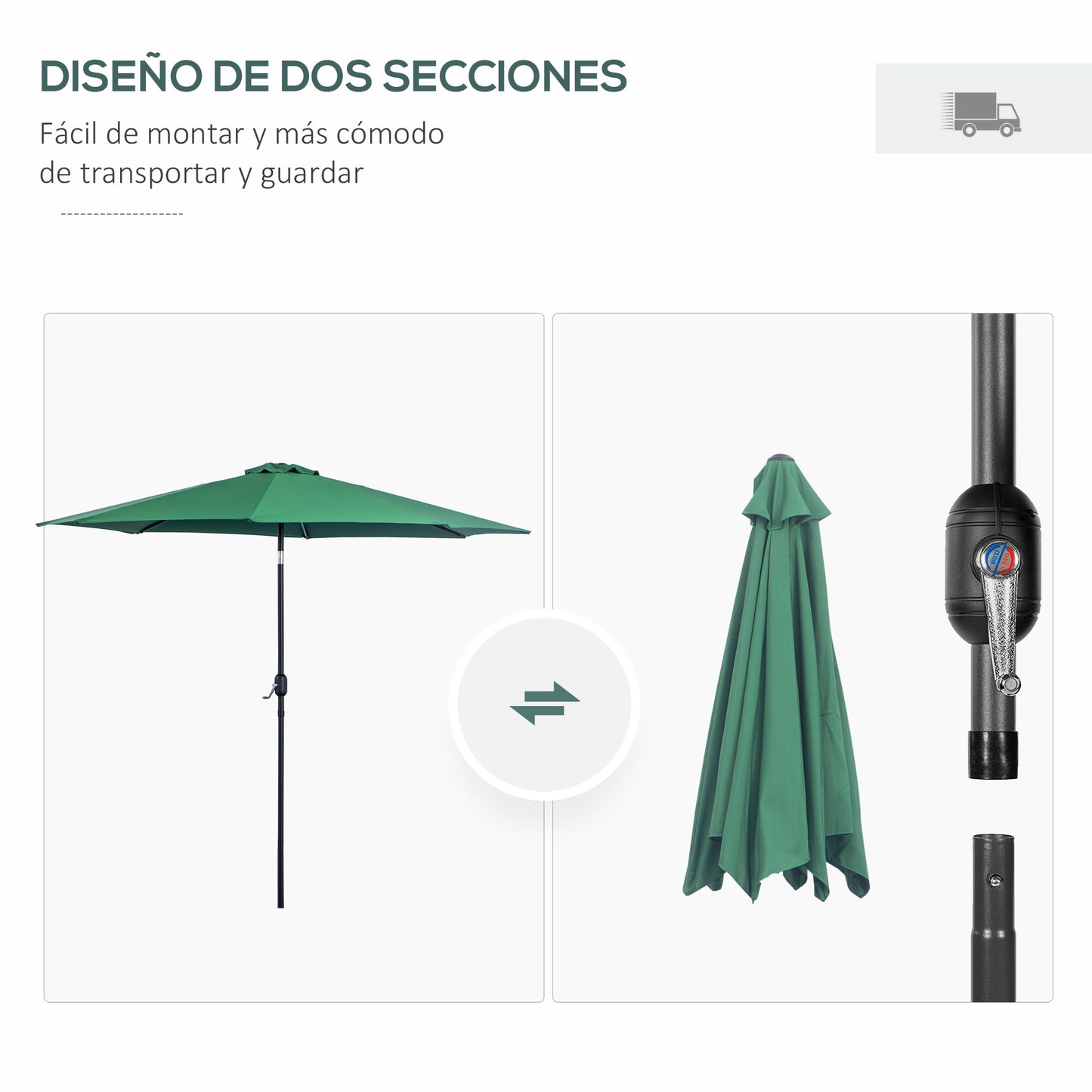 Outsunny Sombrilla De Jardín Ø295x250 Cm Con Manivela E Inclinación Verde_5