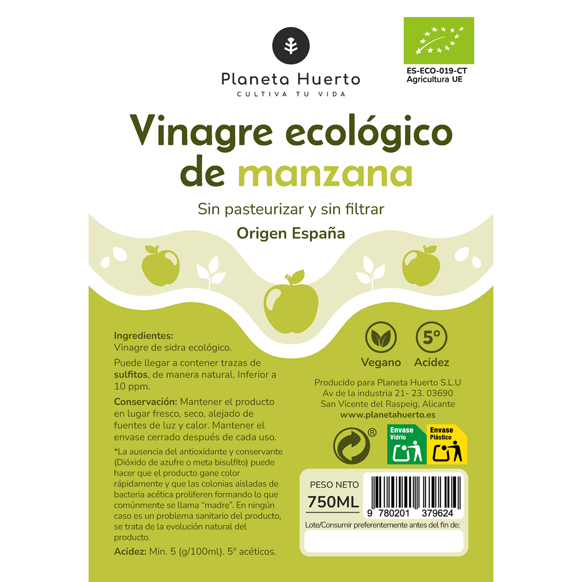 Pack 2x Vinagre de manzana ECO sin filtrar Planeta Huerto 750 ml