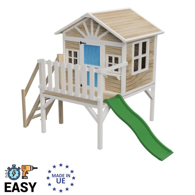 Casita Infantil De Madera Por Paneles Masgames Visby Elevada 90 Cm Azul.