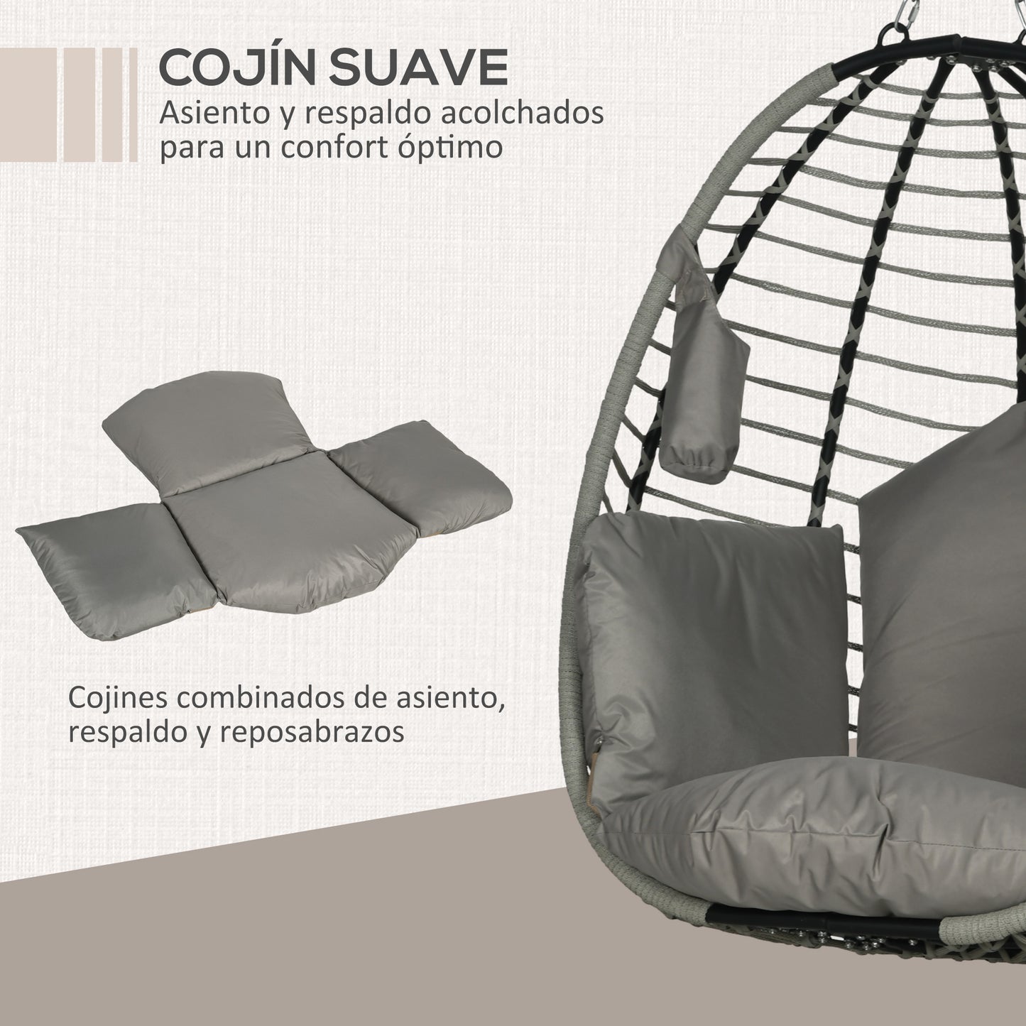 Outsunny Silla Colgante Huevo Con Soporte Cesta Plegable Cojín Gris Y Negro_5