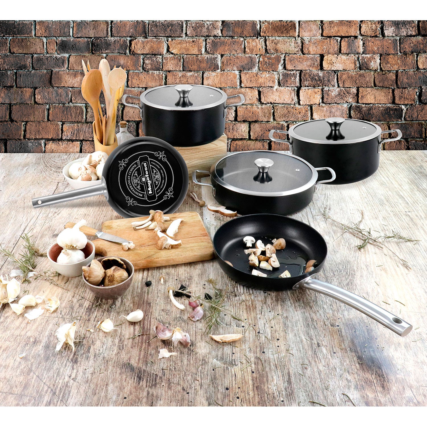 Batería Cocina Inducción 9 Piezas, Antiadherente Libre Pfoa Exterior Negro Mate Retro Vintage Magefesa Ares, Negro