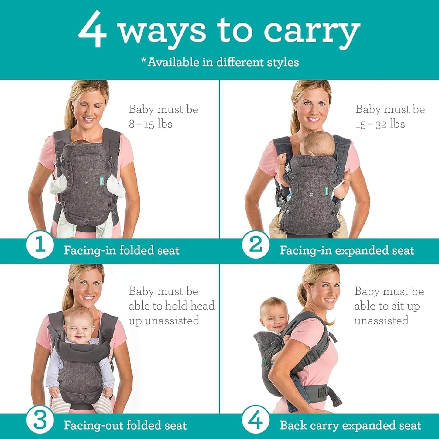 Infantino Mochila Portabebé Flip Advanced 4-en-1 Con Babero, Ergonómica, Convertible, Bebés De 3,6 A 14,5 Kg, Gris_4