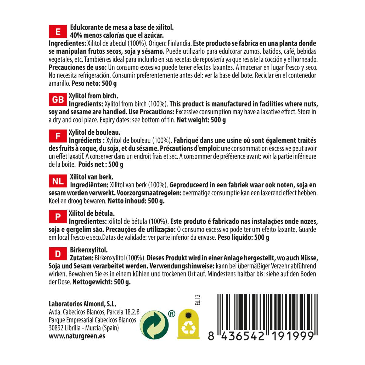 Xilitol Azúcar de Abedul Naturgreen 500 g