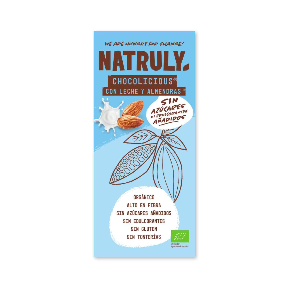 Tableta Chocolicious BIO chocolate con leche con almendra Natruly 85 g