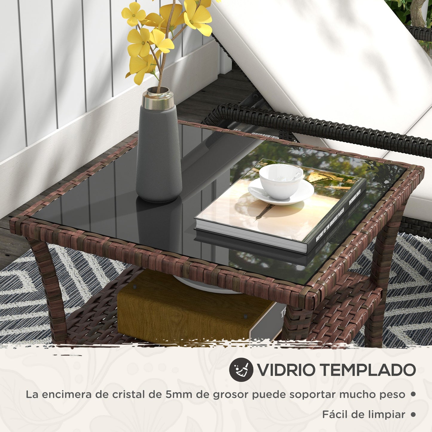 Outsunny Mesa De Ratán Pe Cuadrada 50x50x45 Cm Con Estante Marco De Acero Marrón_5