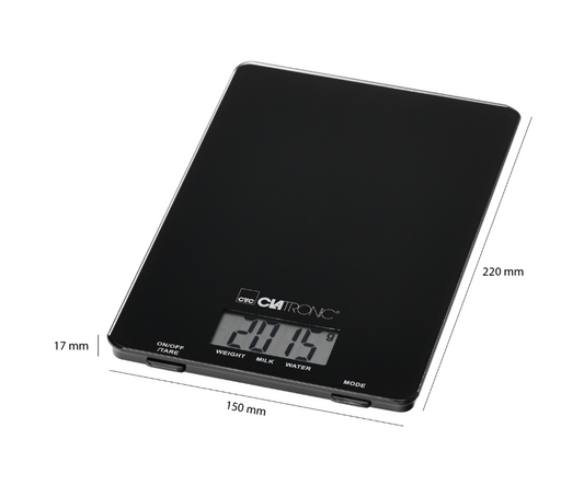 Báscula De Cocina Digital Extraplana, Medición 1gr, Hasta 5 Kg, Lcd, Función Tara, Vidrio Clatronic Kw 3626 Negro