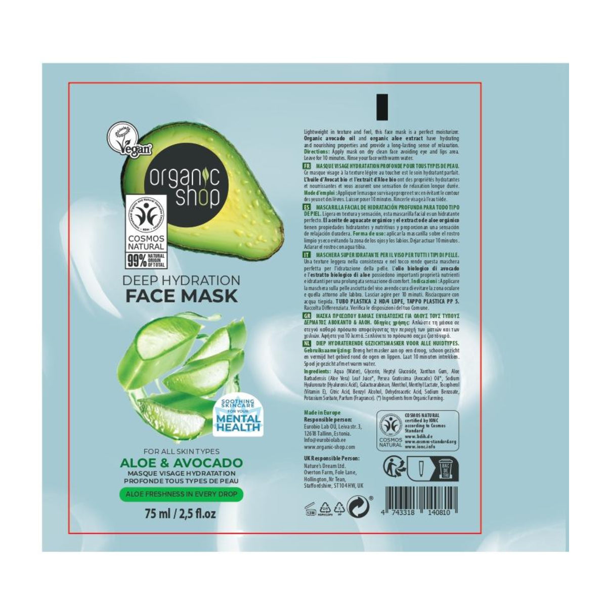 Mascarilla facial de hidratación profunda aguacate y aloe, Organic Shop 75 ml