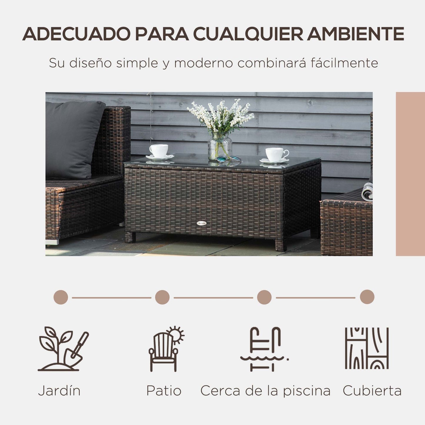 Outsunny Mesa De Jardín De Ratán Sintético Con Vidrio Templado 85x50x39cm Marrón_5