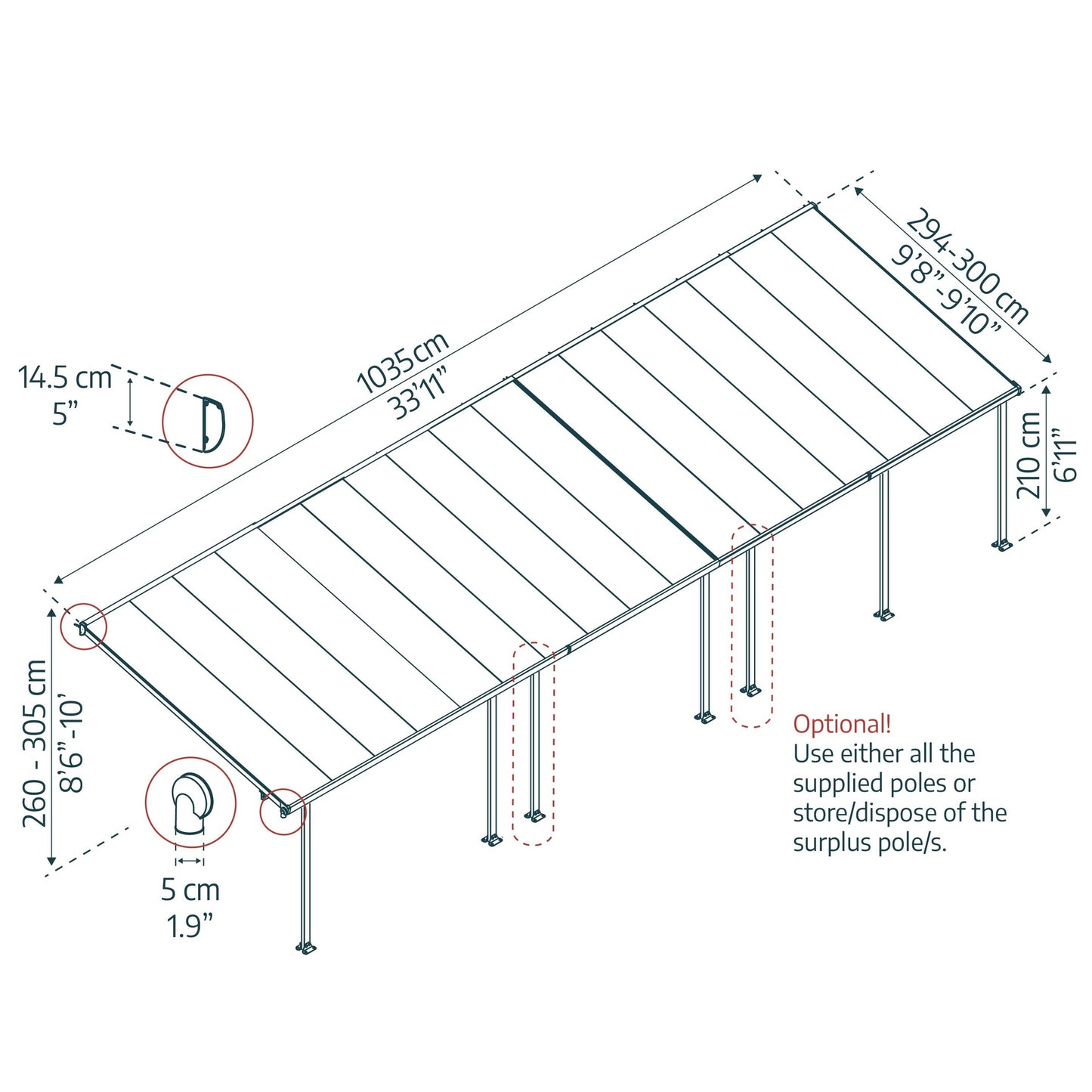 Pérgola adosada Feria 300x1035 cm gris