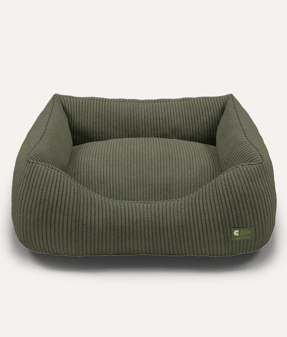 Cafide Cama De Material Reciclado Para Perro Con Tejido De Pana Verde. Modelo Snozy.