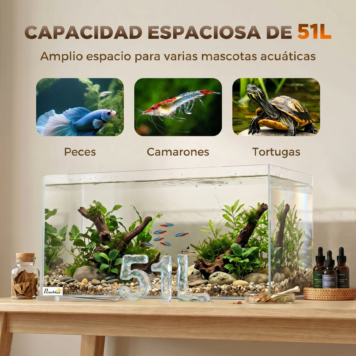 Pawhut Acuario De Pecera 51 L De Cristal Con Alfombrilla Protectora Transparente_5