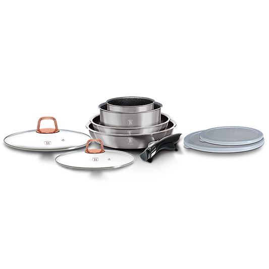 Batería De Cocina Aluminio Forjado 9 Piezas, Inducción, Asa Extraíble, Cazuelas Apilables Tapas Berlinger Haus Moonlight Gris