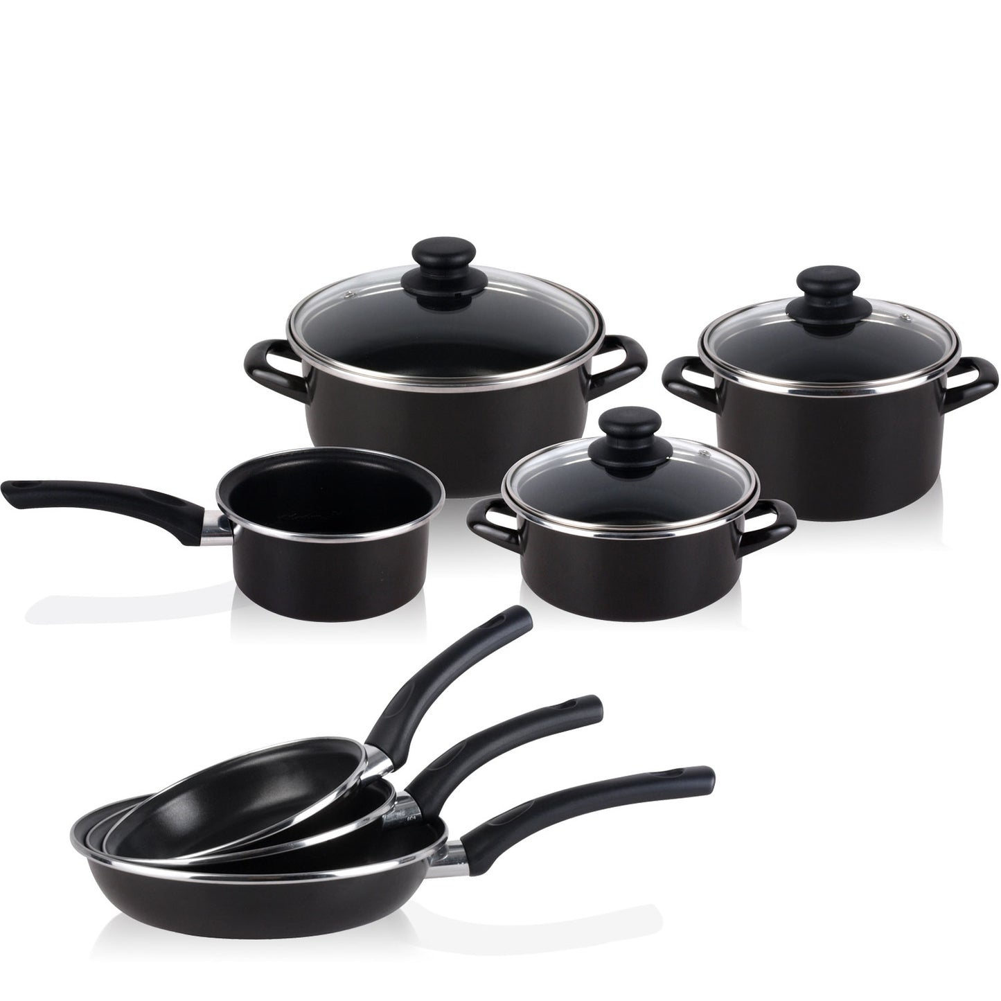 Bateria De Cocina 7 Piezas + Set Juego 3 Sartenes 18-20-24cm, Acero Vitrificado 820ºc, Libre Pfoa Magefesa Kenia, Negro