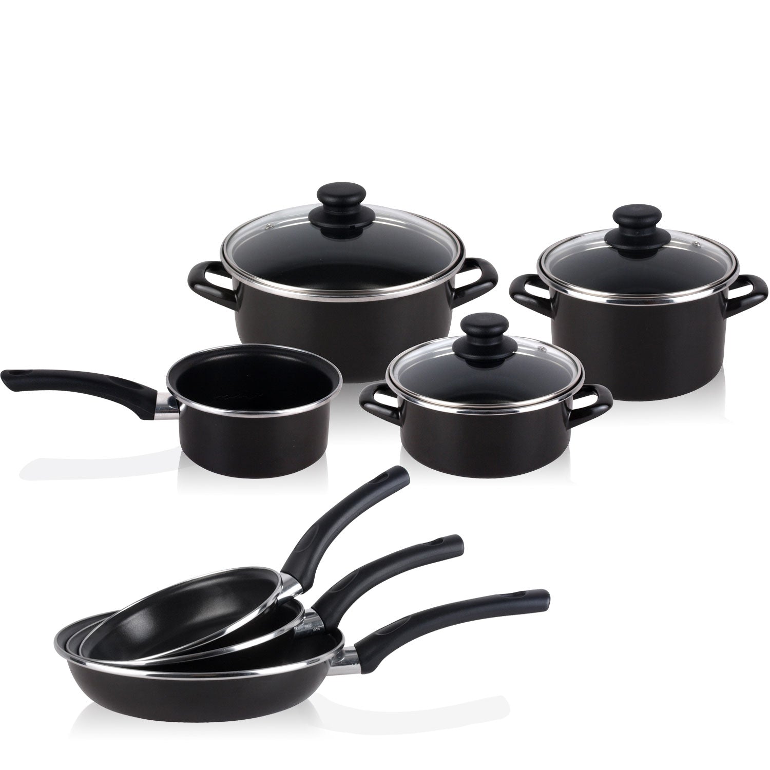 Bateria De Cocina 7 Piezas + Set Juego 3 Sartenes 18-20-24cm, Acero Vitrificado 820ºc, Libre Pfoa Magefesa Kenia, Negro