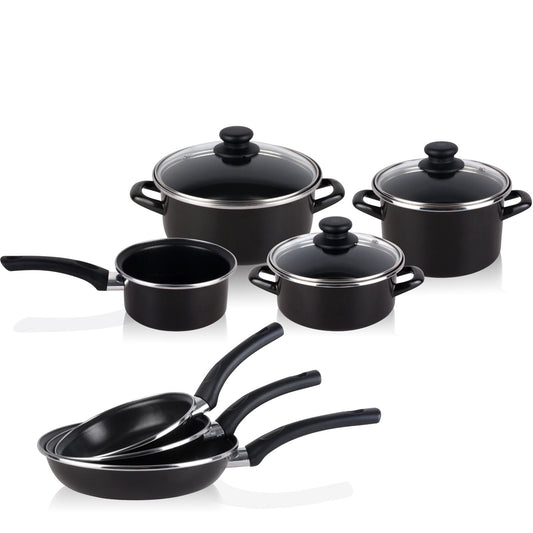 Bateria De Cocina 7 Piezas + Set Juego 3 Sartenes 18-20-24cm, Acero Vitrificado 820ºc, Libre Pfoa Magefesa Kenia, Negro