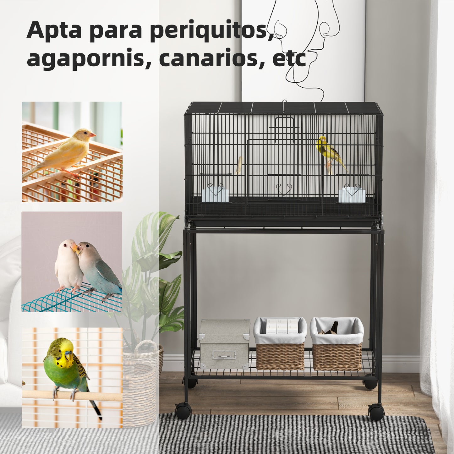 Pawhut Jaula Para Pájaros Con Ruedas 77x46x119 Cm Con Bandeja Extraíble Negro_5